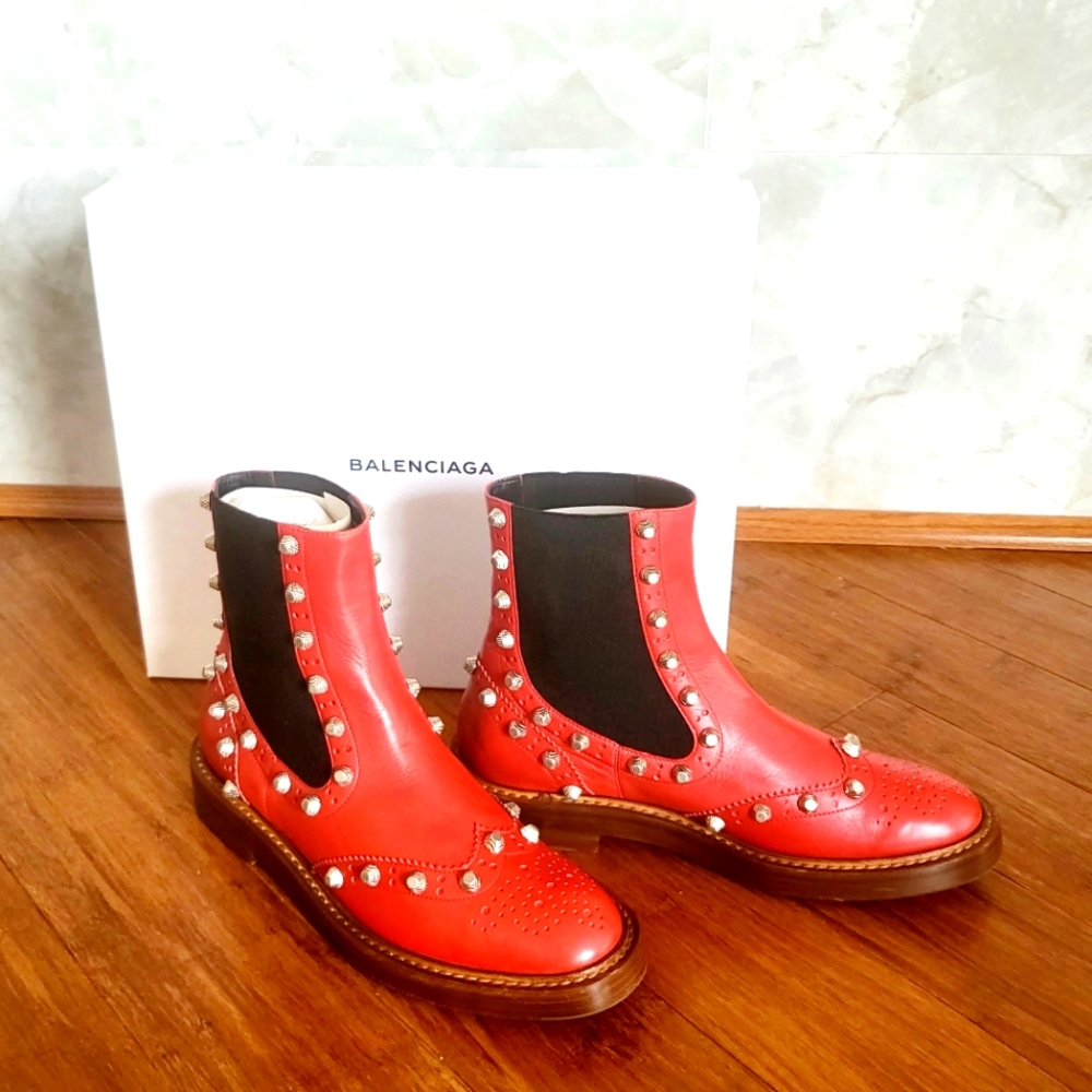 Authentic BALENCIAGA Rouge Groseille Studded Leather Ankle Boots (Size 40)